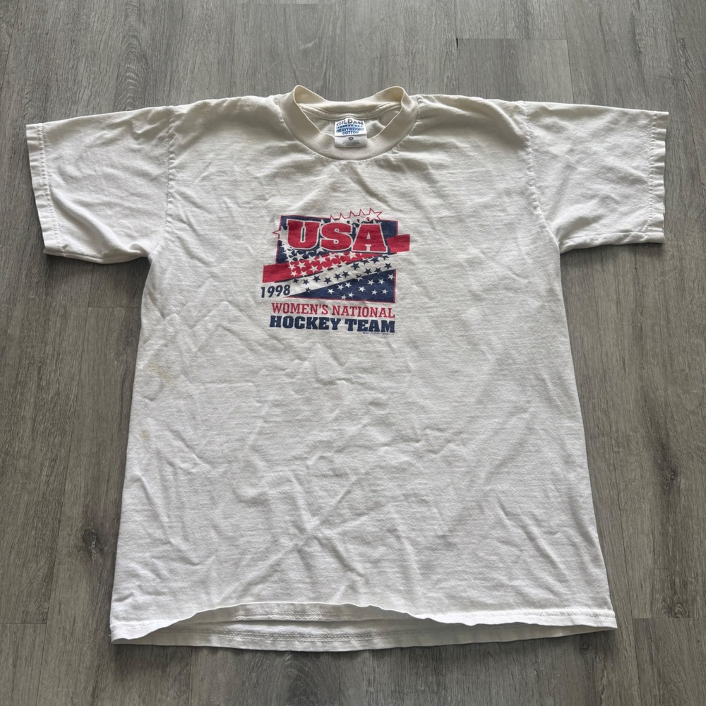 Vintage 1998 USA Womens National Hockey Team T-Shirt Gildan White Medium Nagano